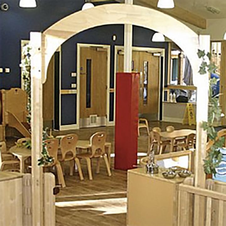 Inside nursery room with tables and small chairs