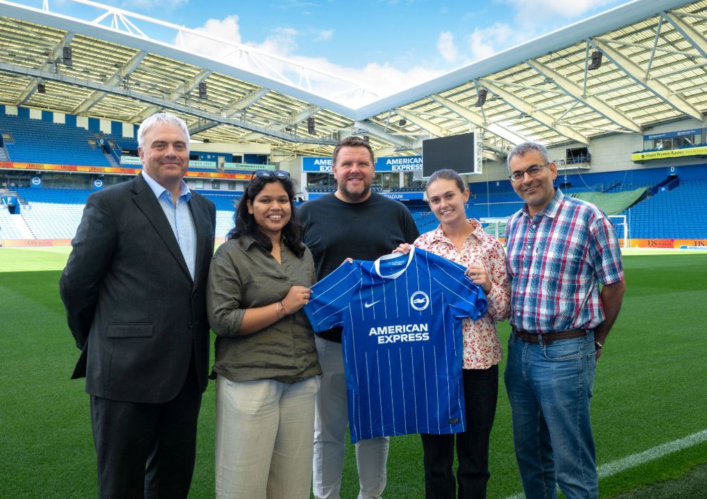Jim Andrews Chief Operating Officer and University Secretary, Varuni Mittal Executive Operations Support, Russ Wood Chief Commercial Officer at BHAFC, Caitlyn Adams Senior Partnerships Executive at BHAFC and Professor Robin Banerjee at the launch of our partnership with Brighton and Hove Albion Football Club