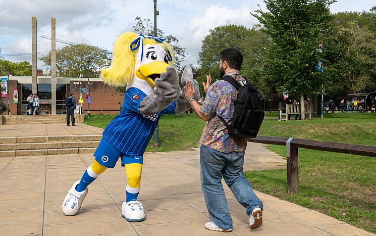 Sally Seagull, high fiving one of our students.