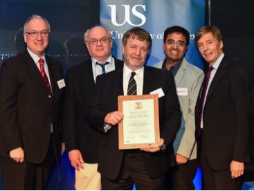 Vice Chancellor Professor Michael Farthing (RHS); Pro Vice Chancellor for Research & Deputy VC Professor Michael Davies (LHS); Professor Chris Chatwin (Centre); Dr Rupert Young (Centre Left); Dr Balaji Ganeshan (Centre Right)  -  16th June 2015