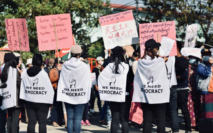Protestors hold placards aloft in a pro-democracy rally