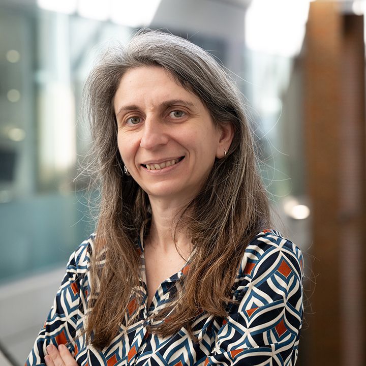 Portrait of Dr Katerina Psarikidou smiling at the camera, with long brown hair and wearing a patterned top.