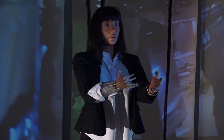 Cleo, a robot in the Mesmer range designed by Engineered Arts. Image is from Robo_Op, 29 June 2021, still from video documentation by Catalina Balan.