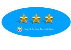 Blue background, 3 gold stars, payroll giving logo