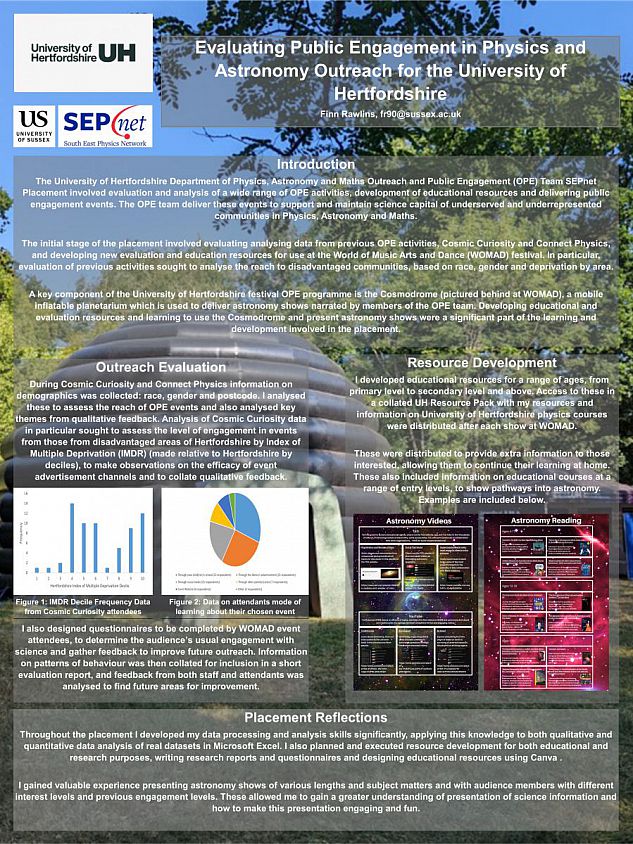 SEPnet research placement poster by Finn Rawlins displayed at the SEPnet Expo 2022