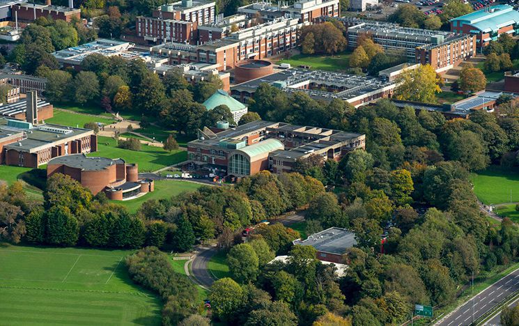 Aerial view of campus buildings