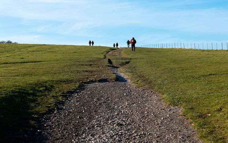 People walking up a hill