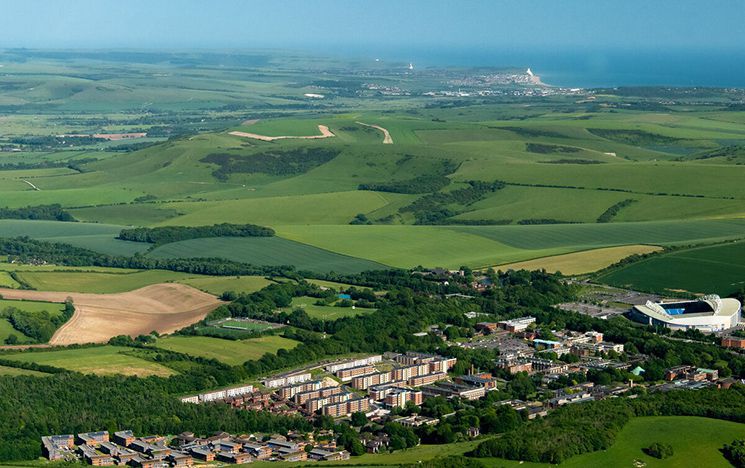 Aerial view of campus in South Downs and the sea