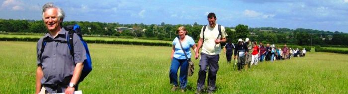 This is a photograph of the London Blind Ramblers Club when hosted by the Mid Sussex ramblers in July 2011. The walk leader is smiling as he confidently leads the group through an open field. The ramblers are following in pairs.