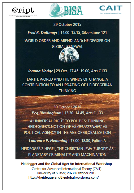 Heidegger and the Global Age Workshop - 29/10 and 30/10 - CAIT