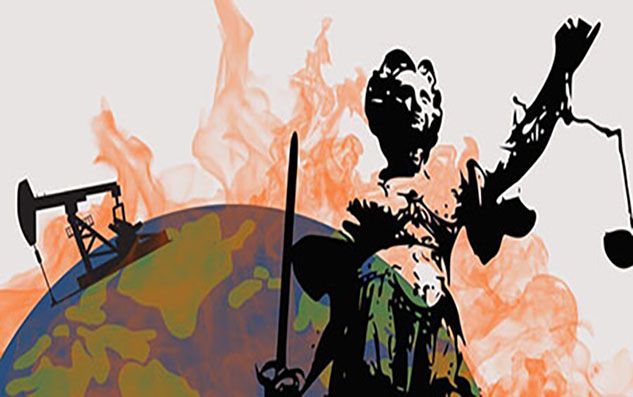 image depicting an oil rig and lady justice on a burning earth