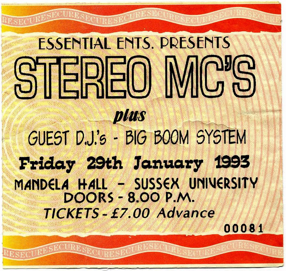 Stereo MCs ticket stub, Mandela Hall, 1993.