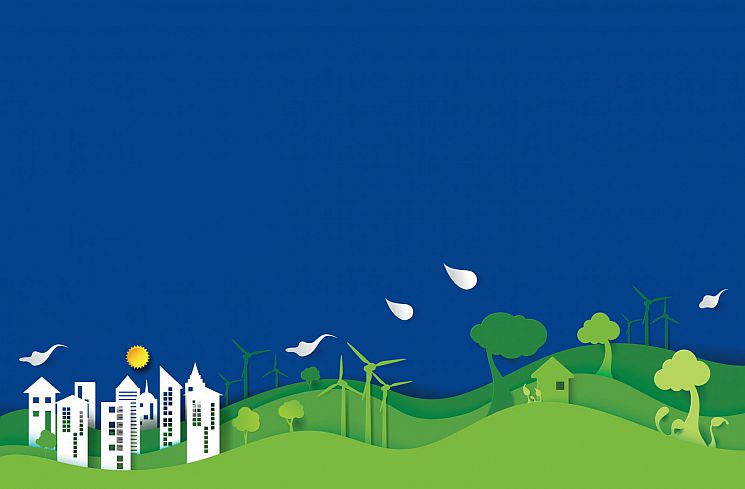 Paper cut-out style illustration of some country-side hills, wind turbines and a city based in the hills