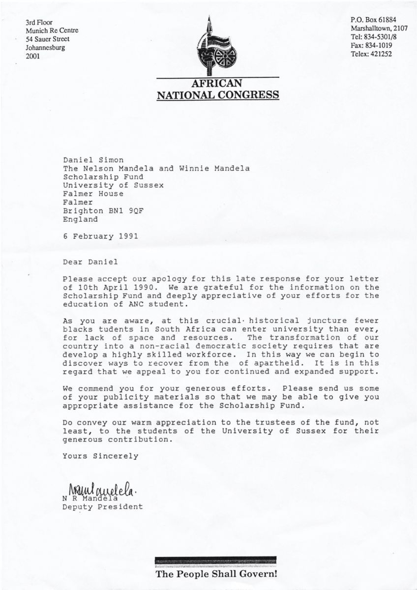 Letter from Nelson Mandela to the Scholarship Fund 1991