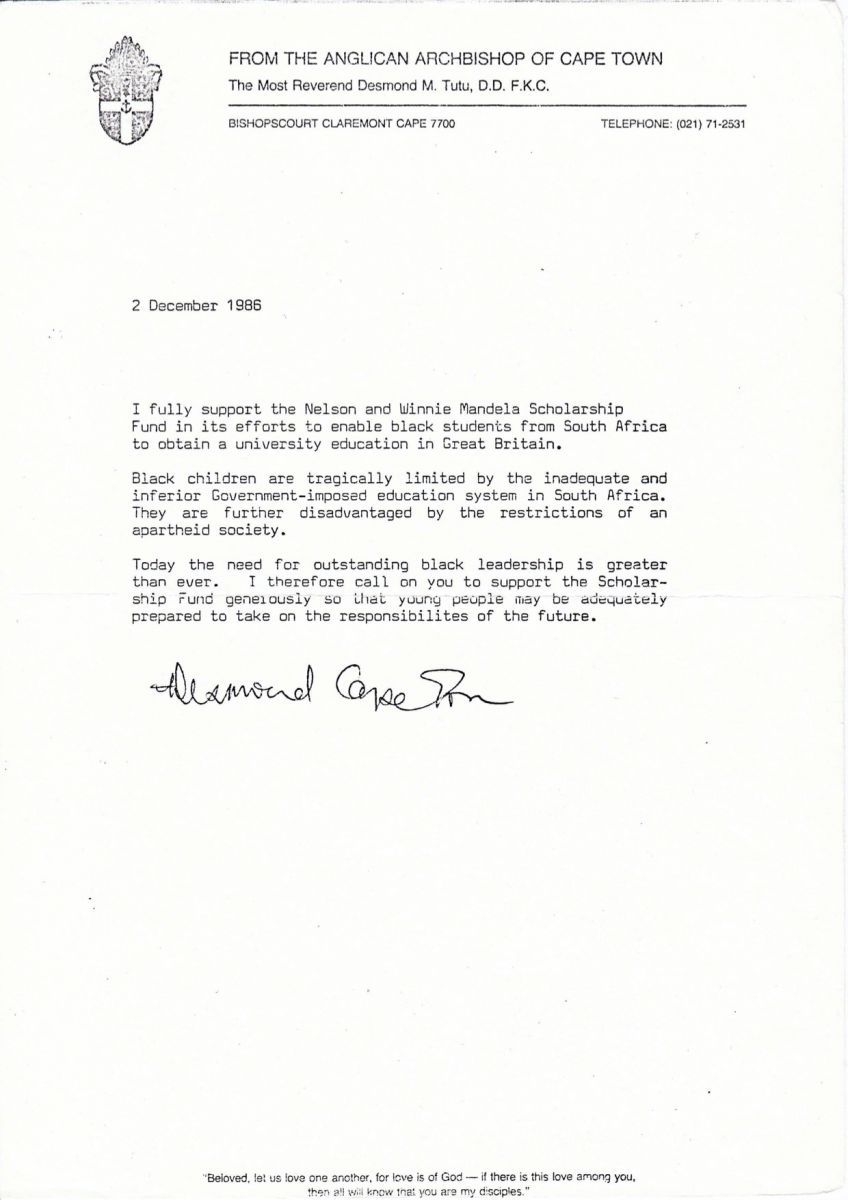 Letter of support to the Scholarship Fund from Desmond Tutu 1986