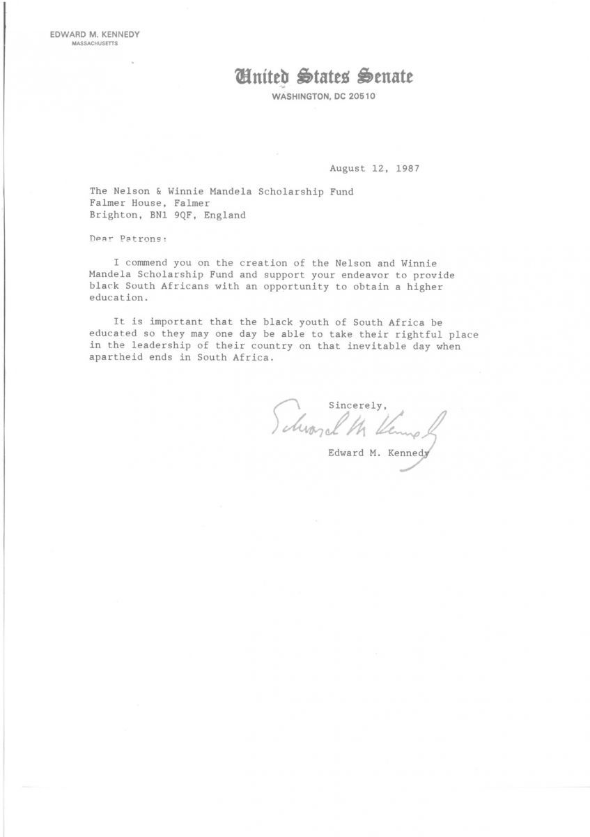 Letter from Senator Kennedy supporting the Mandela Scholarship in 1987.