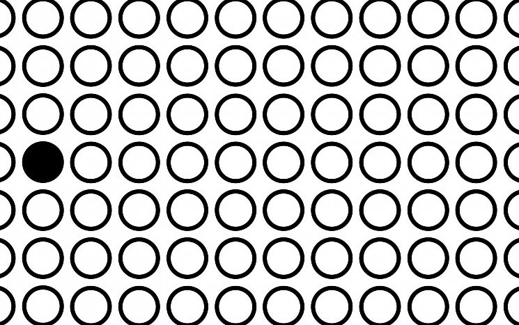 A series of white dots and, between them, a single black dot