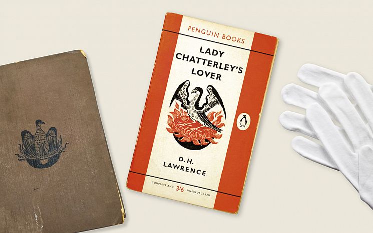 Two book covers of the first and a later edition of Lady Chatterley's lover plus curator's gloves