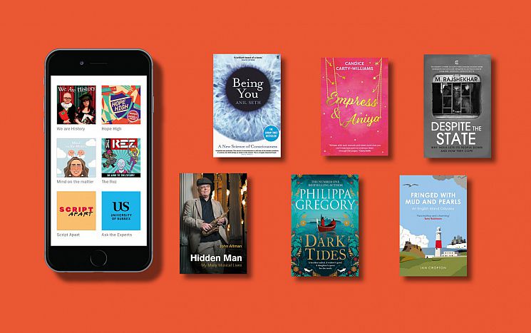 Book covers on orange background plus podcast logos on phone background
