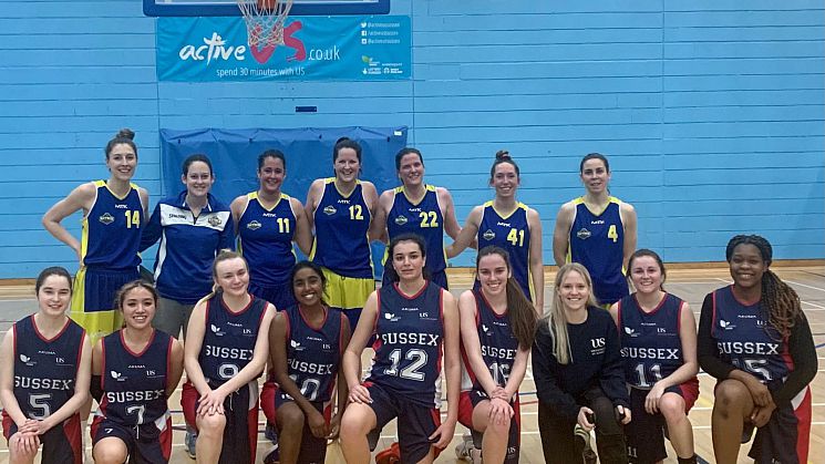 Two womens' basketball teams in the Sussex Sport gym