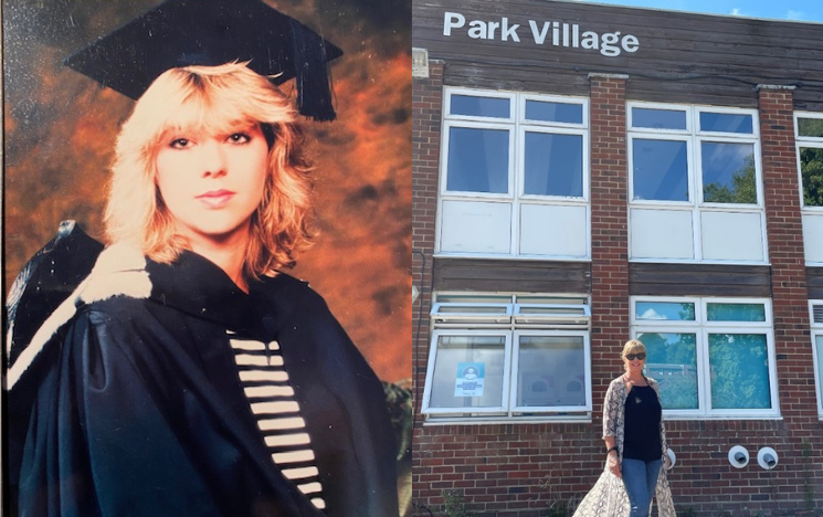 Helen in graduation gown and mortarboard in 1985 (left) and (right) in 2022 standing in front of Park Village, smiling, wearing sunglasses