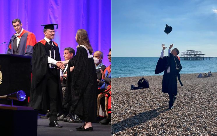Adam Simmonds on stage at graduation and on the beach afterwards throwing his mortarboard in the air