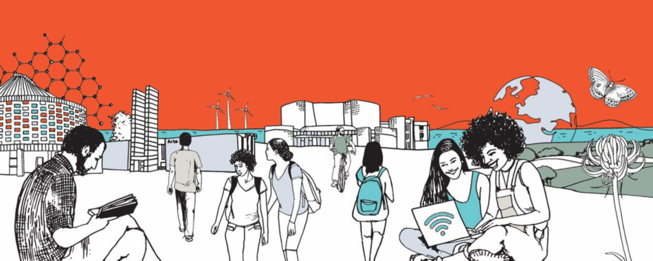 Illustration of Sussex students walking, reading and cycling around campus. The iconic Meeting House, Arts A building and Attenborough Centre for the Creative Arts are in the background.