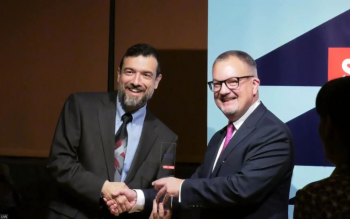 Gavriil receiving his award from His Majesty's Ambassador to the Hellenic Republic, Greece, Mr Matthew Lodge, at the Study UK Alumni Awards ceremony in Greece.