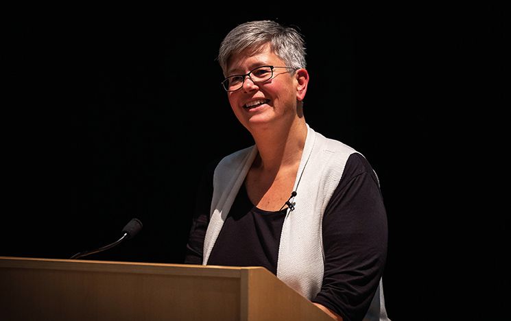 Vice-Chancellor Sasha Roseneil stands at lectern