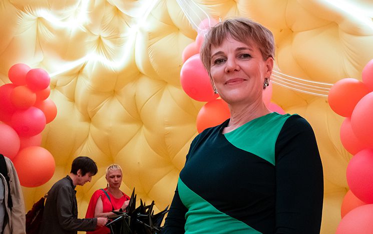 Prof Joanna Callaghan stands inside the Big Breast installation
