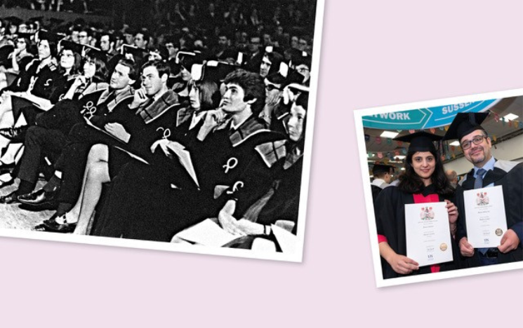 Left: Graduation ceremony at The Dome in 1965. Right: Husband and wife Mayas Alcharani and Rama Almare holding up their degree certificates after their graduation ceremony.