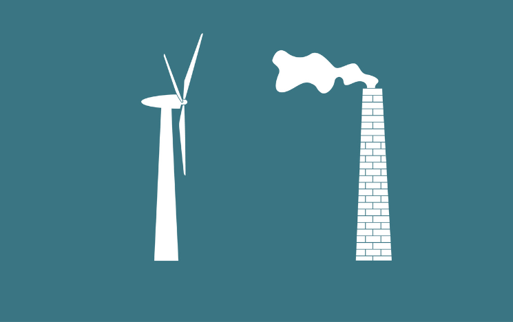 Illustration showing a wind turbine and smoke coming out of a long chimney.