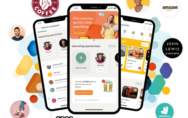 An illustration of the Prsnt app user interface and brands that are partnered with the app, including Costa Coffee, Amazon, John Lewis & Partners and Deliveroo.