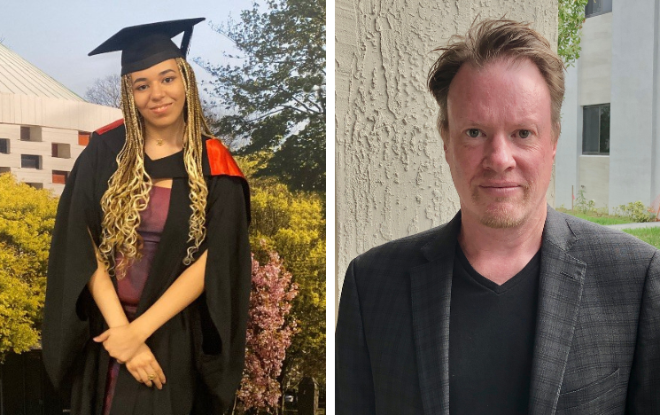 Left: Mentee Emily Hyatt at her graduation ceremony in graduation robes. Right: Headshot of Mentor Timothy Stannard stood outside wearing a blazer.