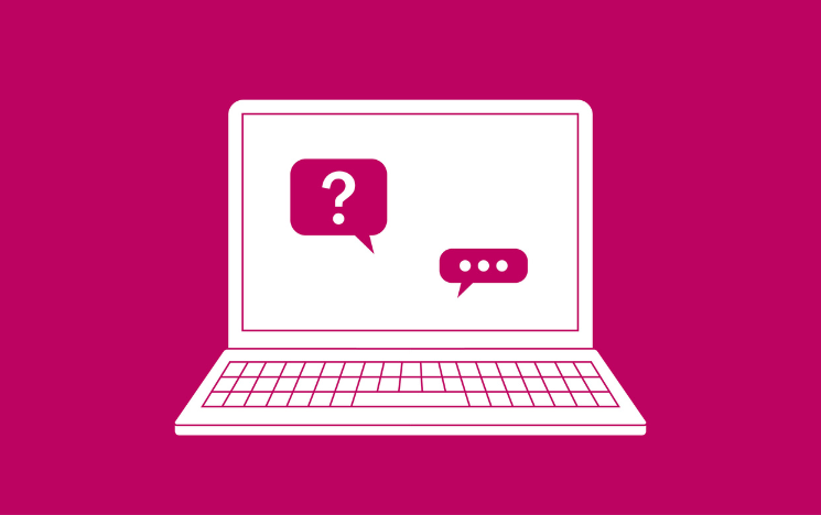 Illustration showing an open laptop displaying an online question and answer box.