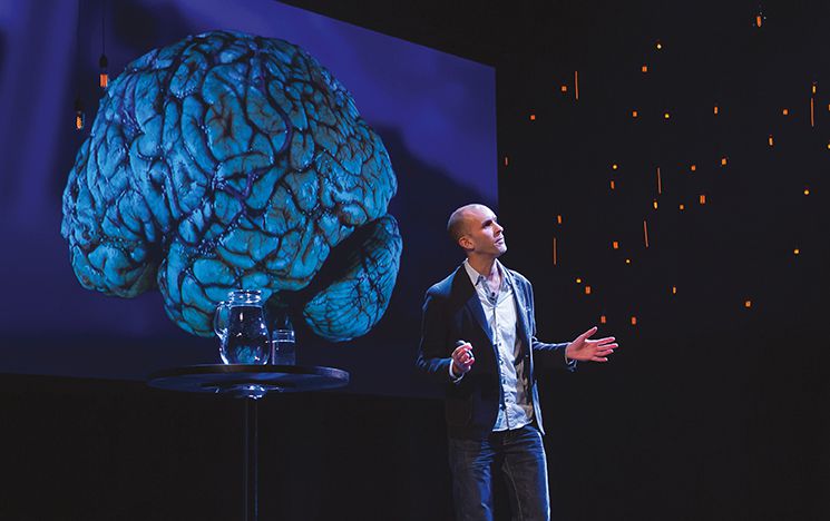 Anil Seth delivering a talk on consciousness in Attenborough Centre for Creative Arts.