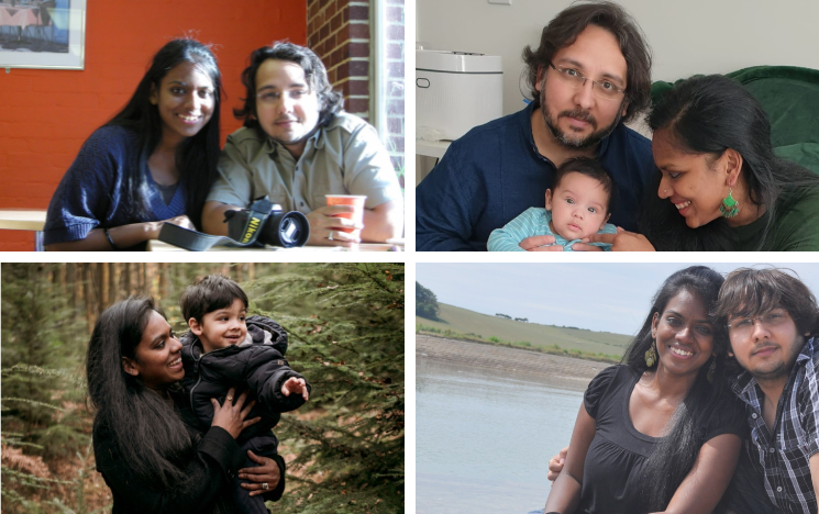 A collage of photographs of Debashree Mitra and Rahul Singh from their time at Sussex (at Bramber house café and at the beach) as well as two photographs with their son.