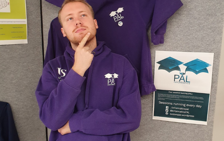 Shaun Ring posing in a purple Peer Assisted Learning (PAL) hoodie on campus.