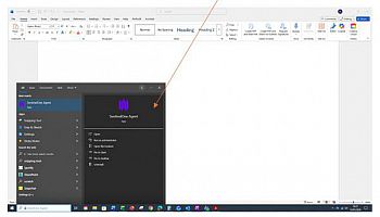 Arrow pointing to windows search box and Sentinel One icon