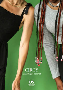 image of the front cover for the CIRCY annual report 2022-23. shows the centre name, the university logo and the background image is the legs and shoes of four people stood in a circle on some astroturf.