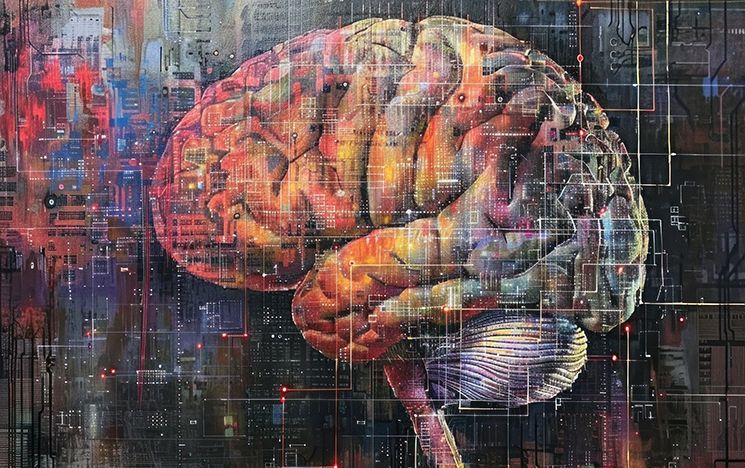 A colourful, detailed illustration of a human brain against a dark, futuristic technological background.