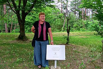 Professor Louise Morley in the grounds of Hiroshima University