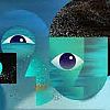 Logo featuring floating eyes and abstract facial features in shades of green and blue.
