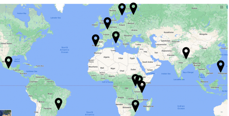 A map showing the geographical diversity of course coordinators, teachers and students.
