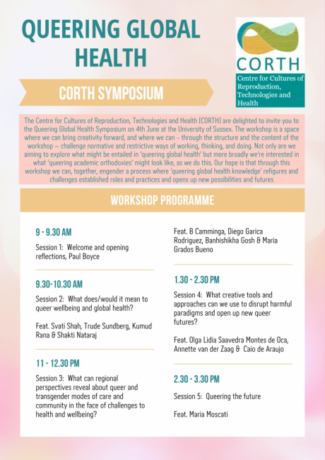 Programme poster showing the speaker line-up and timings for the Queering Global Health symposium