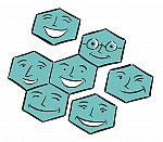 Cartoon illustration of many hexagonal smiling faces