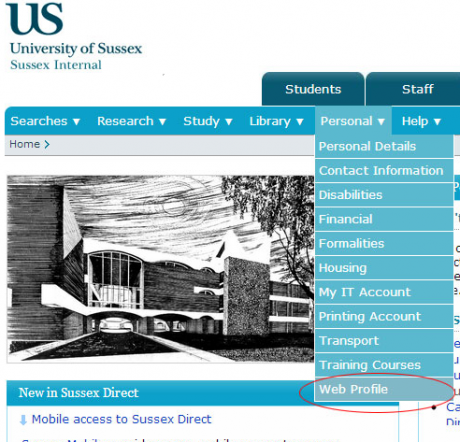 Screenshot: Web Profile option on Sussex Direct
