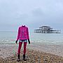 Person standing on Brighton beach with the West pier behind them. The person's head has been removed from the photo.