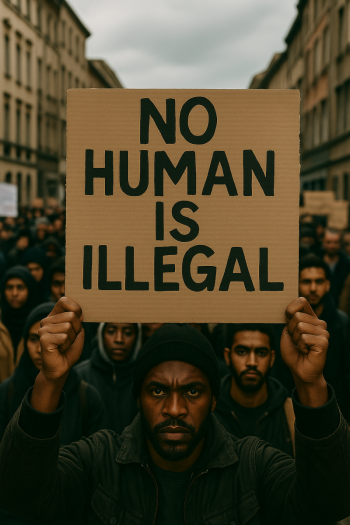 Image created using generative Ai depicting protesters. Protester holding large sign saying 'No Human Is Illegal'.