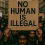 Image created using generative Ai depicting protesters. Protester holding large sign saying 'No Human Is Illegal'.